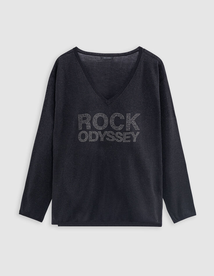 Jersey de mujer de manga larga de punto de lúrex negro con mensaje de tachuelas-5