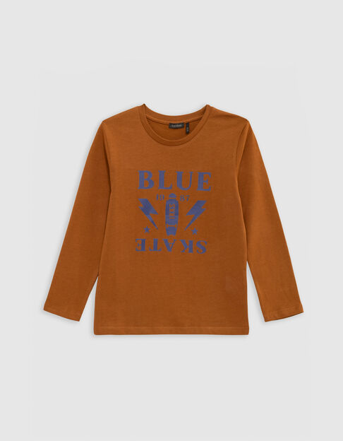 Boy's camel organic cotton satin blue message T-shirt - IKKS