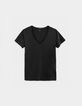 Camiseta negra de mujer con cuello en V y espalda bordada en espiga-4