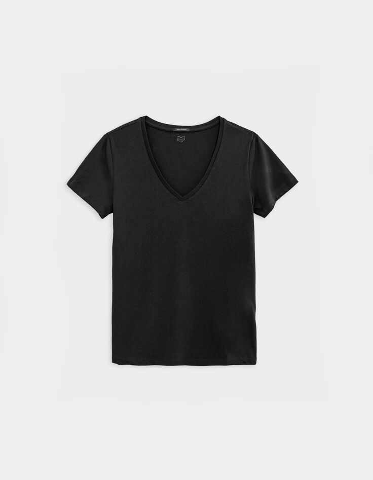 Camiseta negra de mujer con cuello en V y espalda bordada en espiga-4