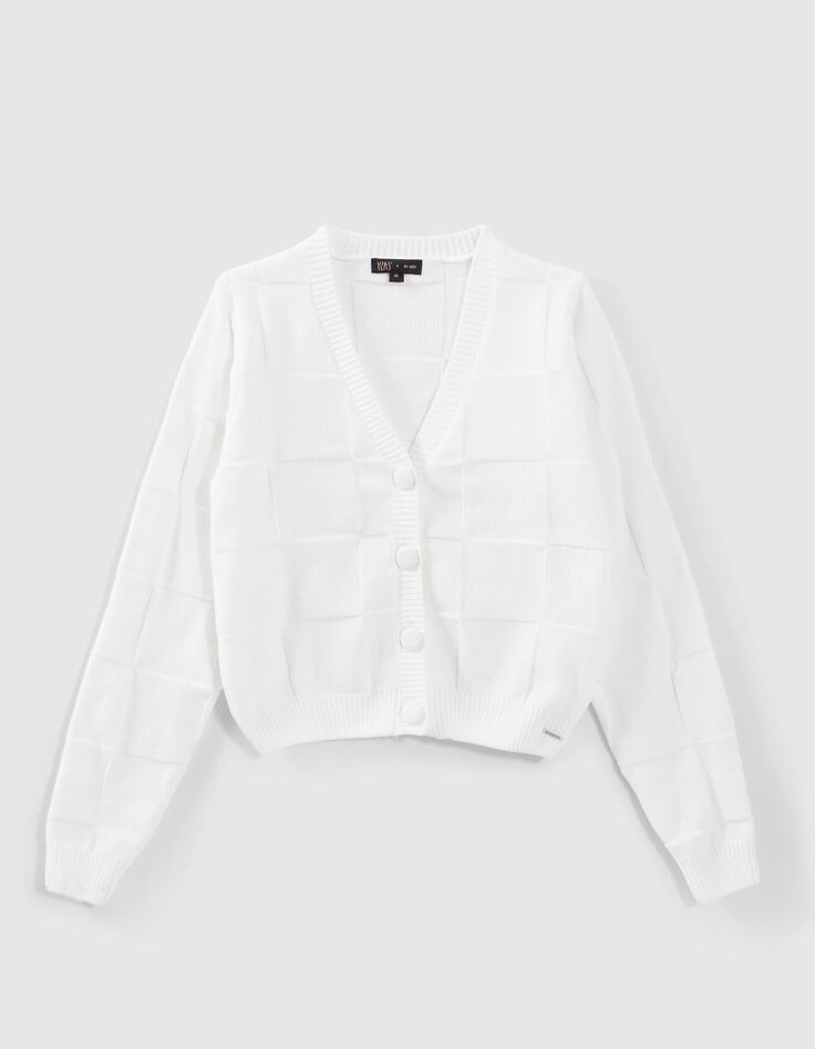 Girls&rsquo; off-white chenille knit checkerboard cardigan-1