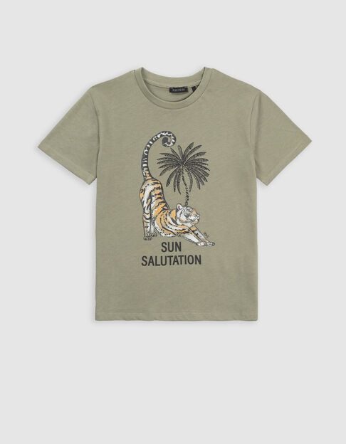 Khaki Jungen-T-Shirt, Biobaumwolle, doppeltes Tigermotiv - IKKS