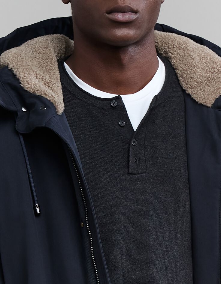 Men's navy blue parka with beige sherpa lining IKKS