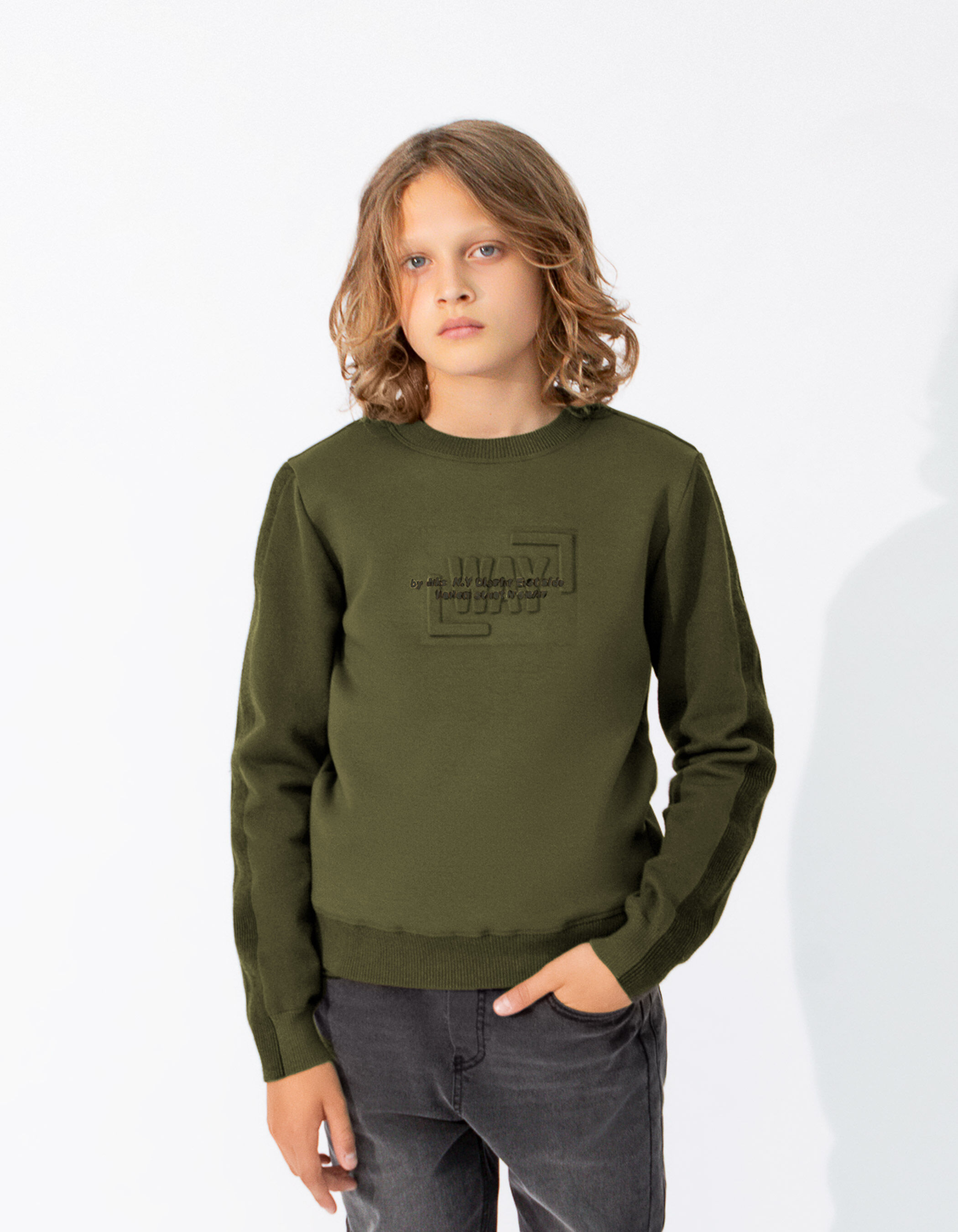 Boys khaki mixed fabric sweater with embossed image
