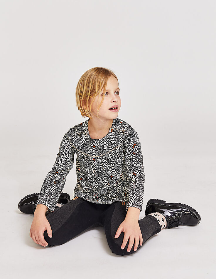 Blouse écrue à imprimé ethnique et piping fille-1