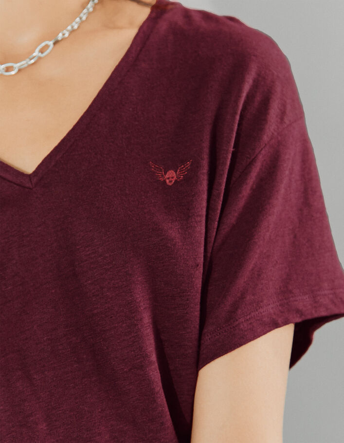 Women’s burgundy embroidered skull certified linen T-shirt - IKKS