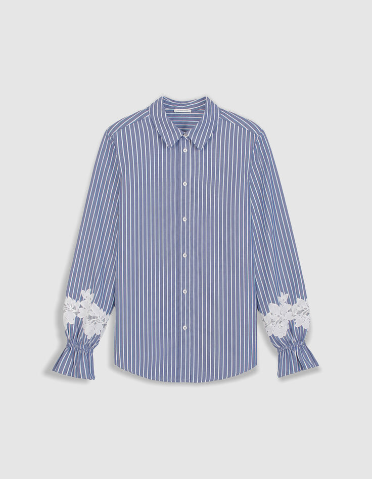 Blauw gestreept damesshirt met geborduurde bloemendetails-7