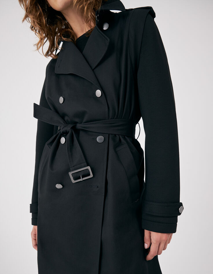 Women’s black mixed fabric trench coat + neoprene sleeves-1