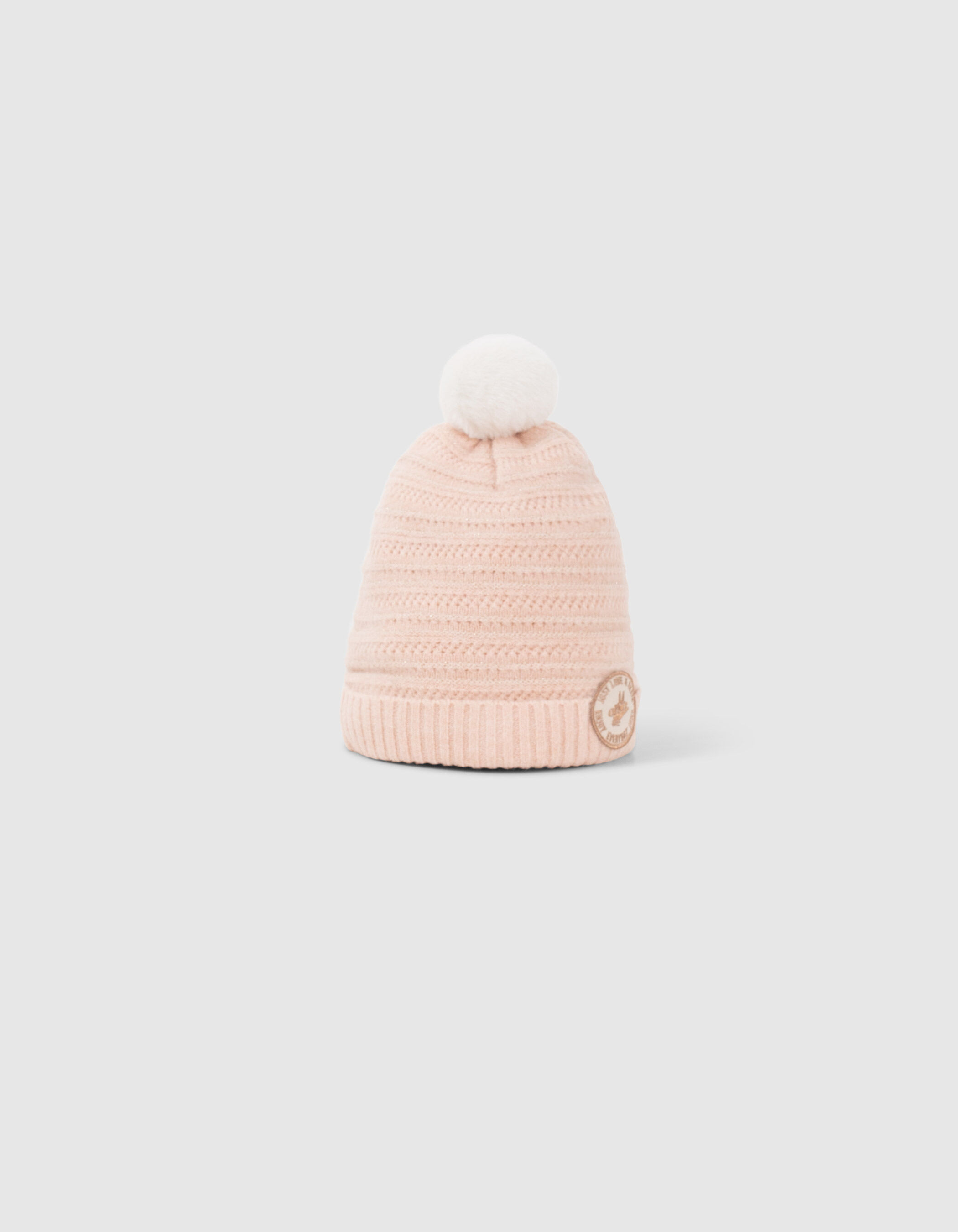 Girls pink decorative lurex knit beanie with bronze badge