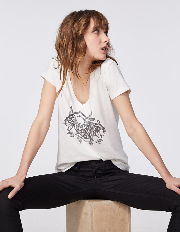 T-shirt gebroken wit acid wash opdruk dames-1
