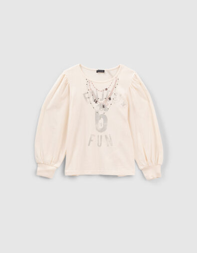 Girls’ ecru T-shirt with embroidered necklaces - IKKS