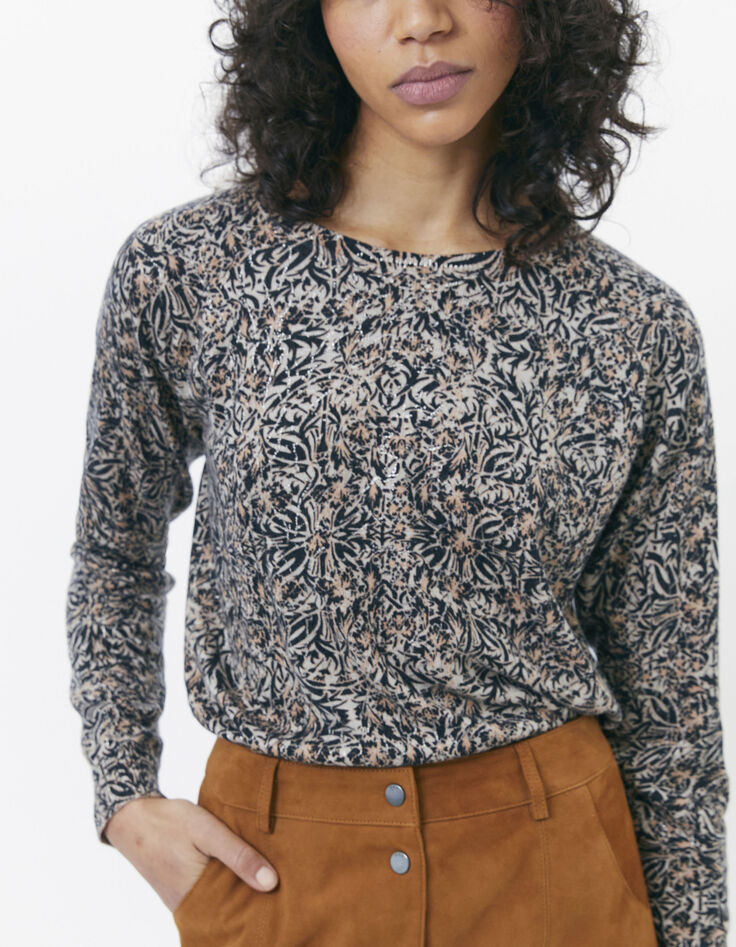 Pull marron en maille fine imprimé arabesque femme-1