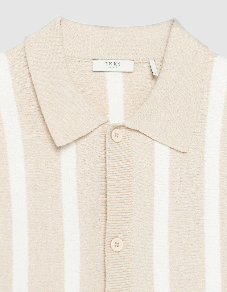 Camisa de punto beige de manga corta con rayas anchas-5