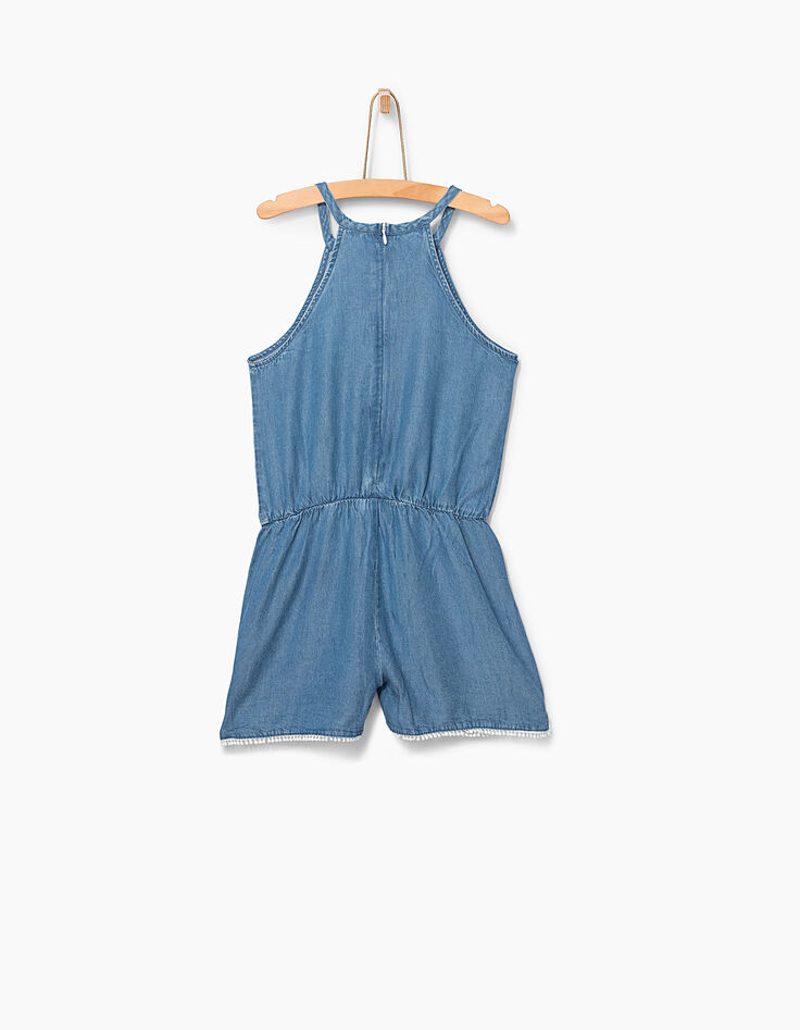 Girls’ stone blue Tencel© and lace short jumpsuit-3