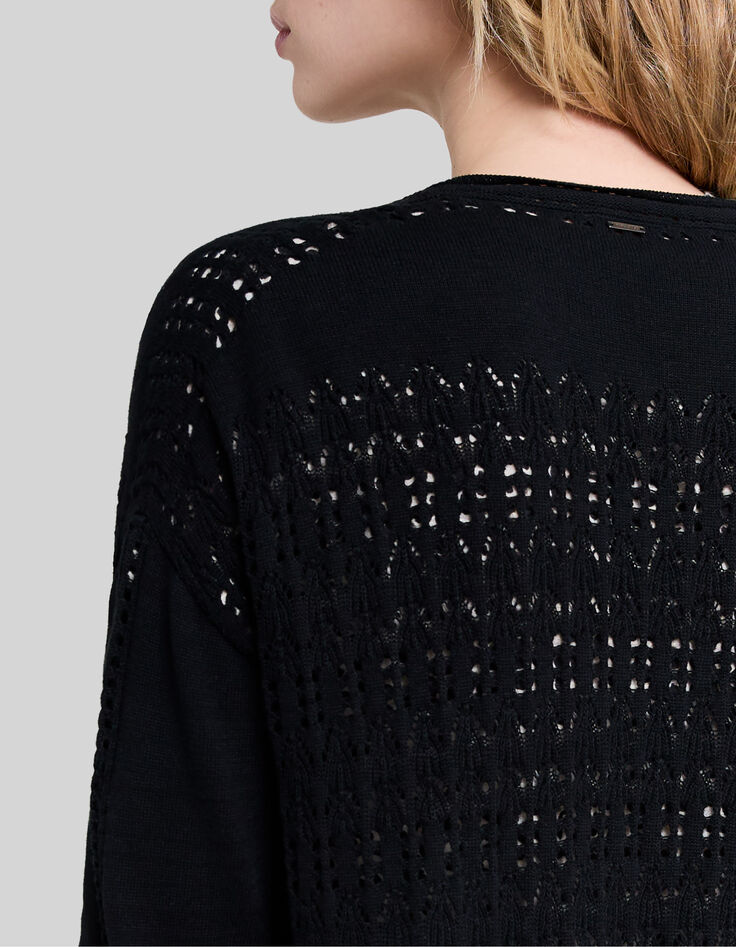 Zwart lang gebreid vest met ajourmesh Dames-5