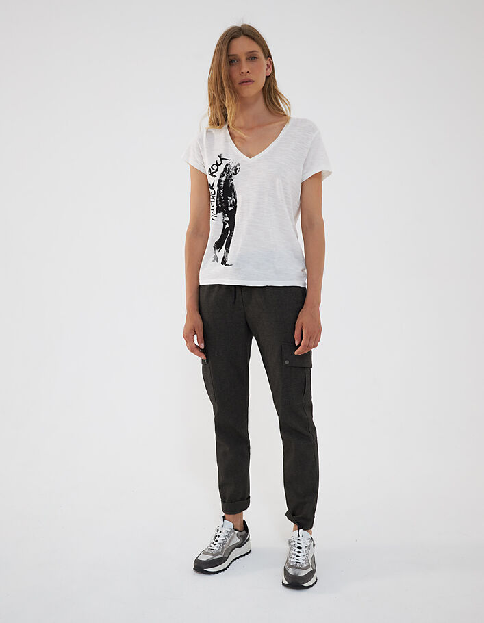 Camiseta cuello pico algodón flameado visual silueta mujer-6