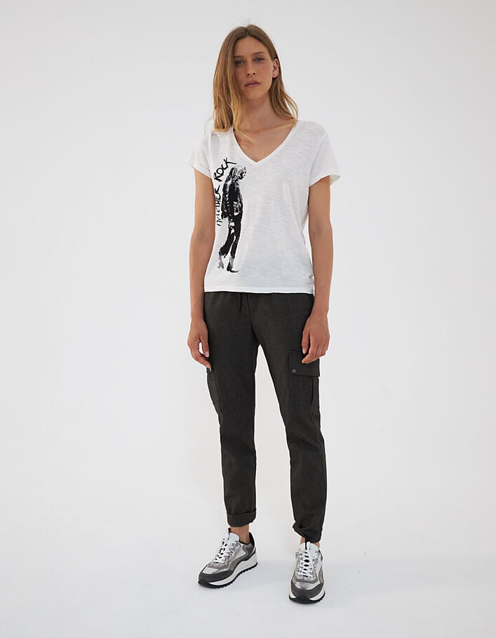 Damen-T-Shirt mit V-Ausschnitt aus geflammter Baumwolle-6