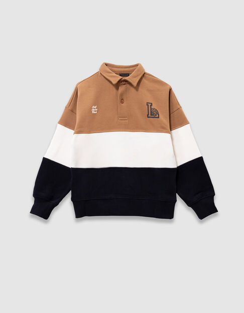 Camel ecru und blaues Jungensweatshirt Biowolle Polokragen - IKKS