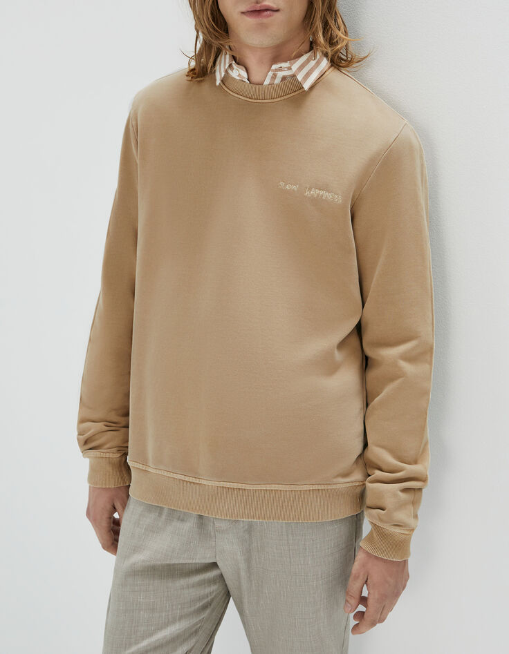 Beige sweater geborduurd borst Heren-1