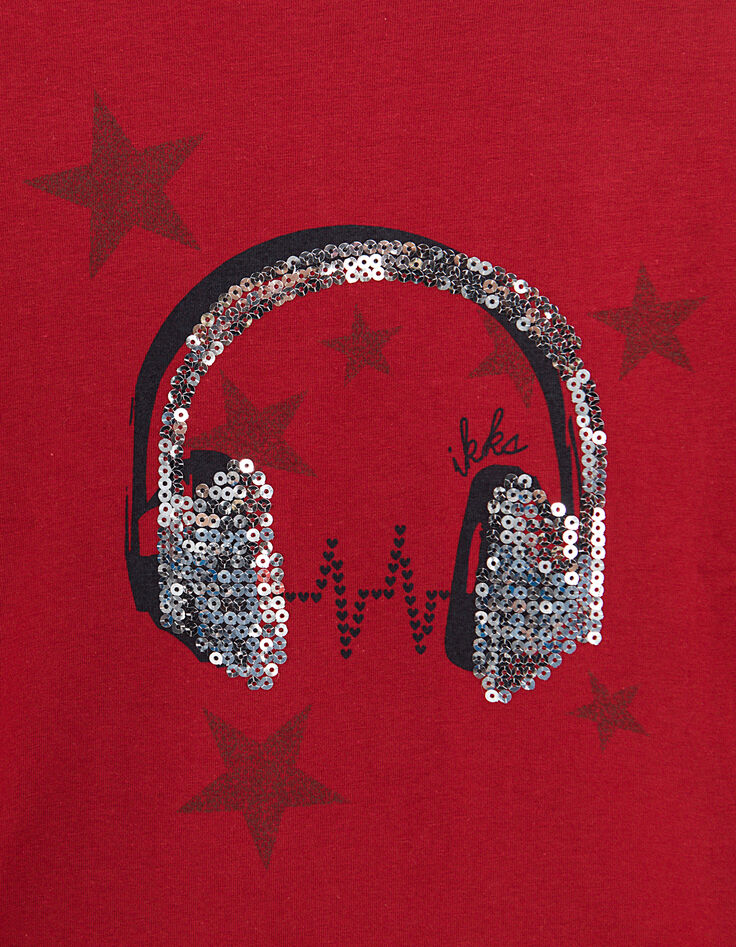 Donkerrood T-shirt met geborduurde koptelefoon meisjes-2