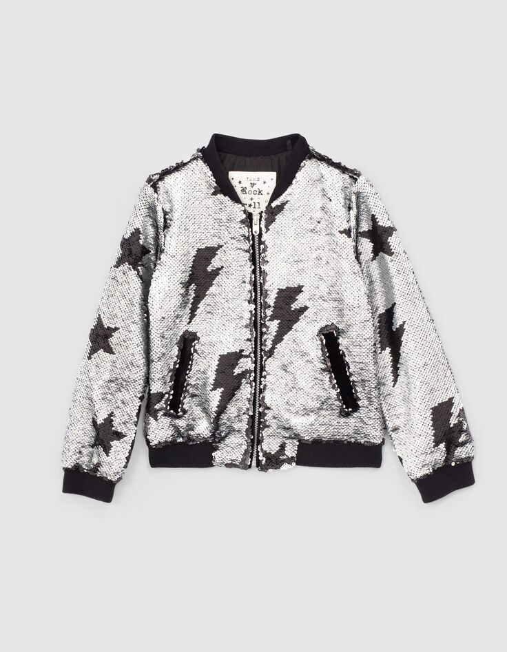 Girls’ black bomber jacket with reversible sequins-2