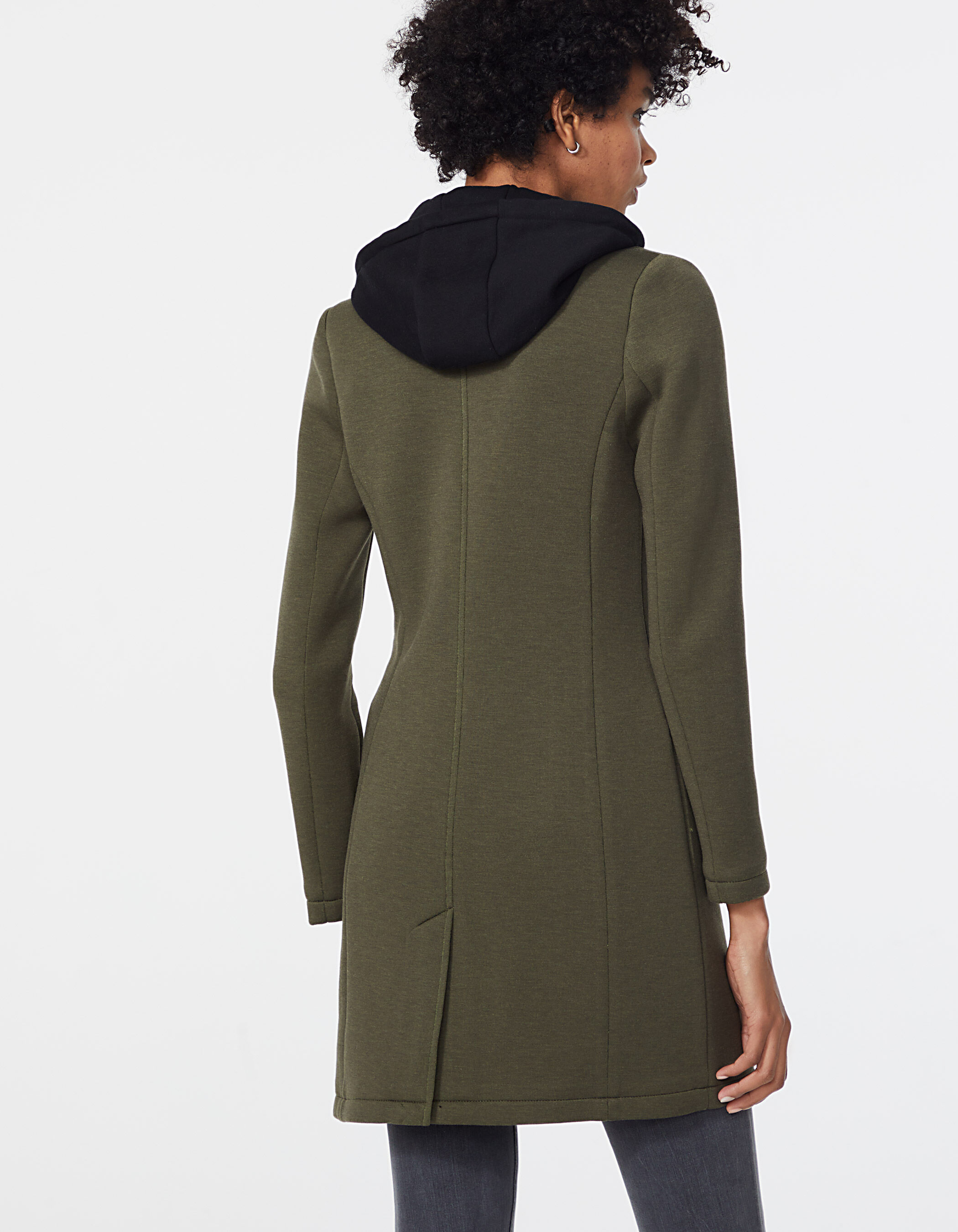 Manteau long kaki en neoprene et capuche amovible femme