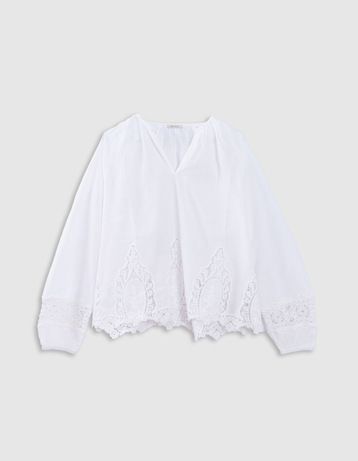 Locker sitzende weiße Bluse mit Spitzenstickerei Damen-5