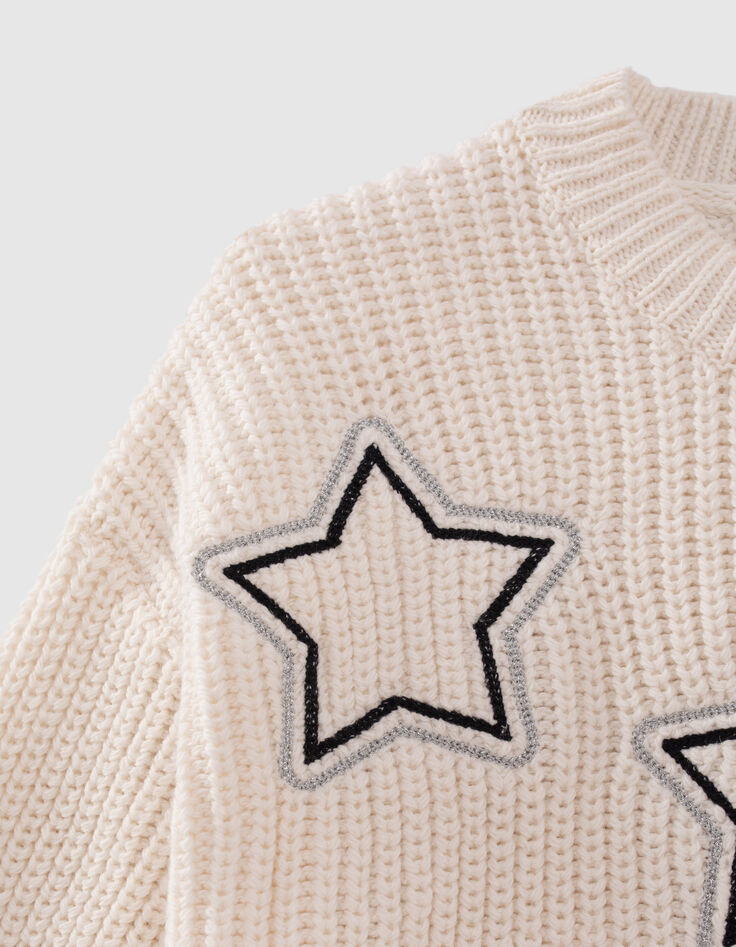 Cremeweißer Mädchenstrickpullover mit Sternstickerei-4