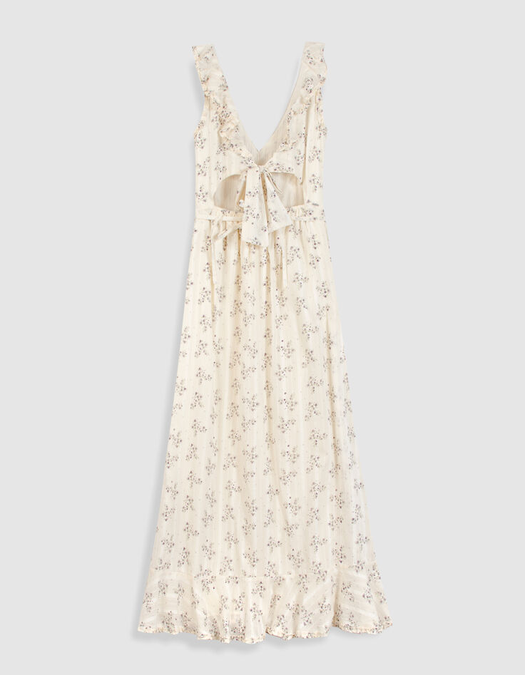 Women's ecru floral long dress with ruffle details-7