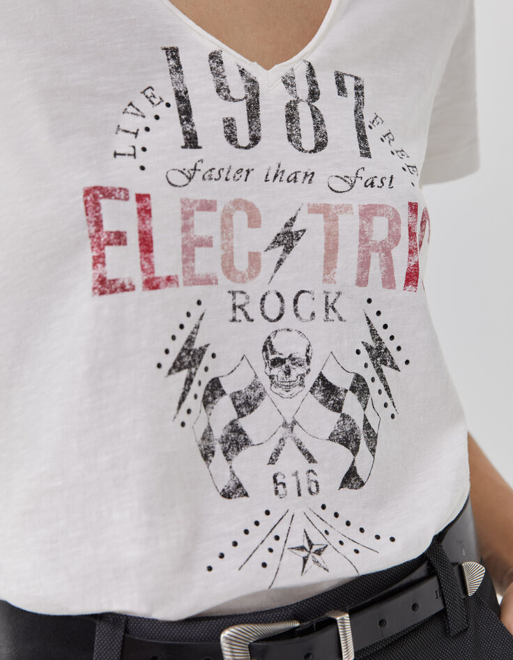 Cremeweißes Damen-T-Shirt mit Schriftzug und Nieten-4 Cremeweißes Damen-T-Shirt mit Schriftzug und Nieten-4