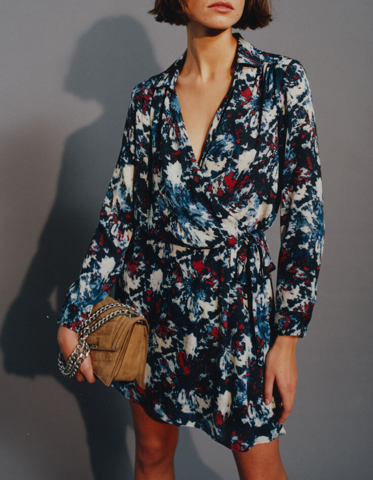 Marineblauwe jurk gerecycleerd batik-print Dames-5