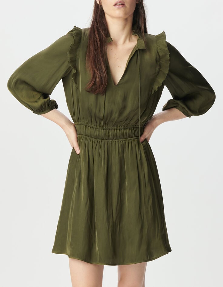 Kaki jurk gekreukt satijn en geplooide volants Dames-2