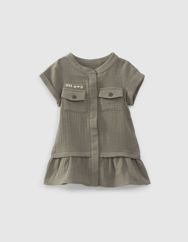 Robe kaki gaze de coton à basque bébé fille-1