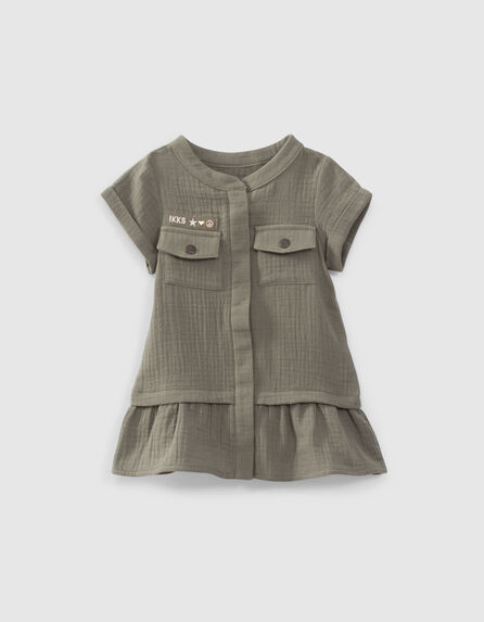 Khaki Babymädchen-Kleid aus Baumwollgaze mit Schößchen