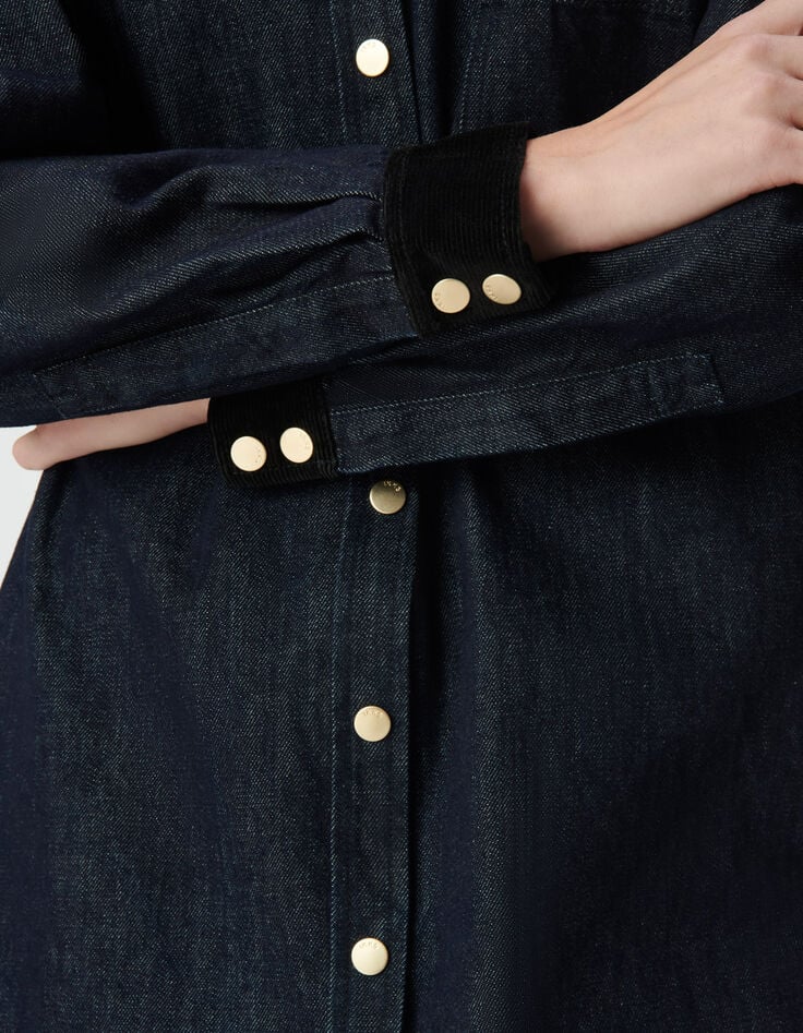 Robe chemise en jean bleu col et poignets velours Femme-6 Robe chemise en jean bleu col et poignets velours Femme-6