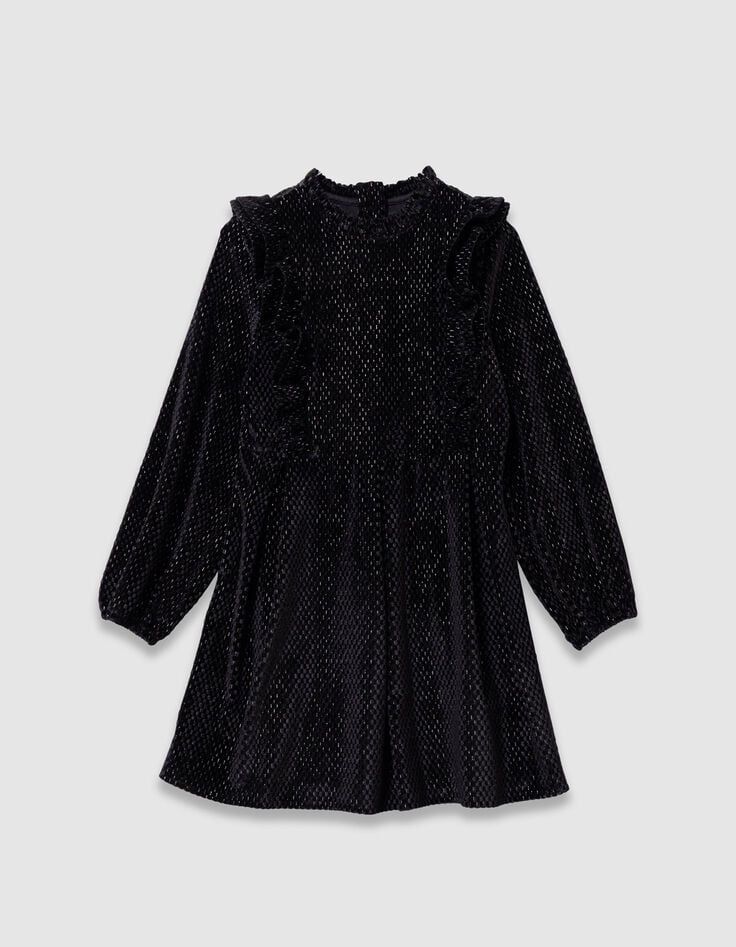 Schwarzes Kleid aus Velours mit Rüschendetails, Mädchen-2 Schwarzes Kleid aus Velours mit Rüschendetails, Mädchen-2