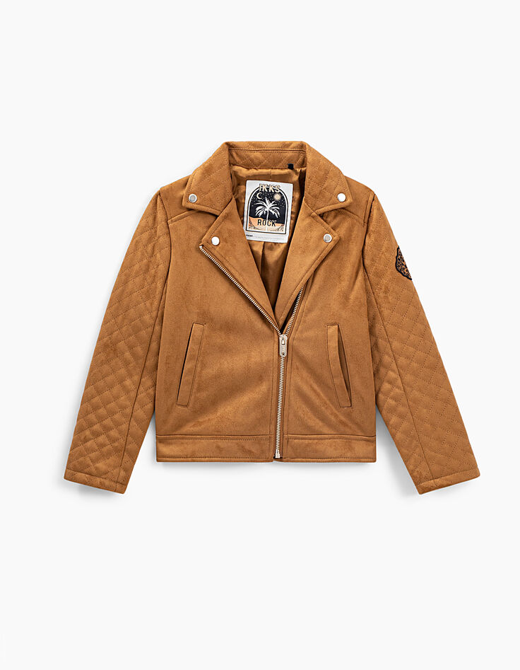 Camelbraune Mädchenbikerjacke aus Veloursleder-2