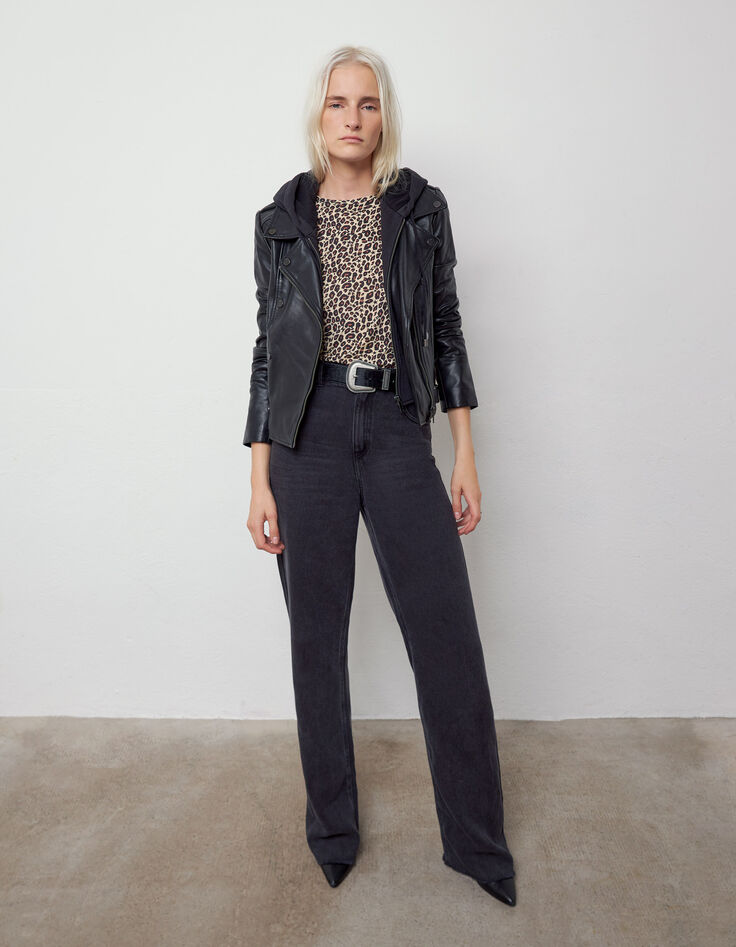 Blouson noir en cuir d'agneau et boutons femme-6