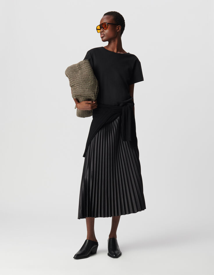 Robe longue noire bi-matière plissée Femme-1