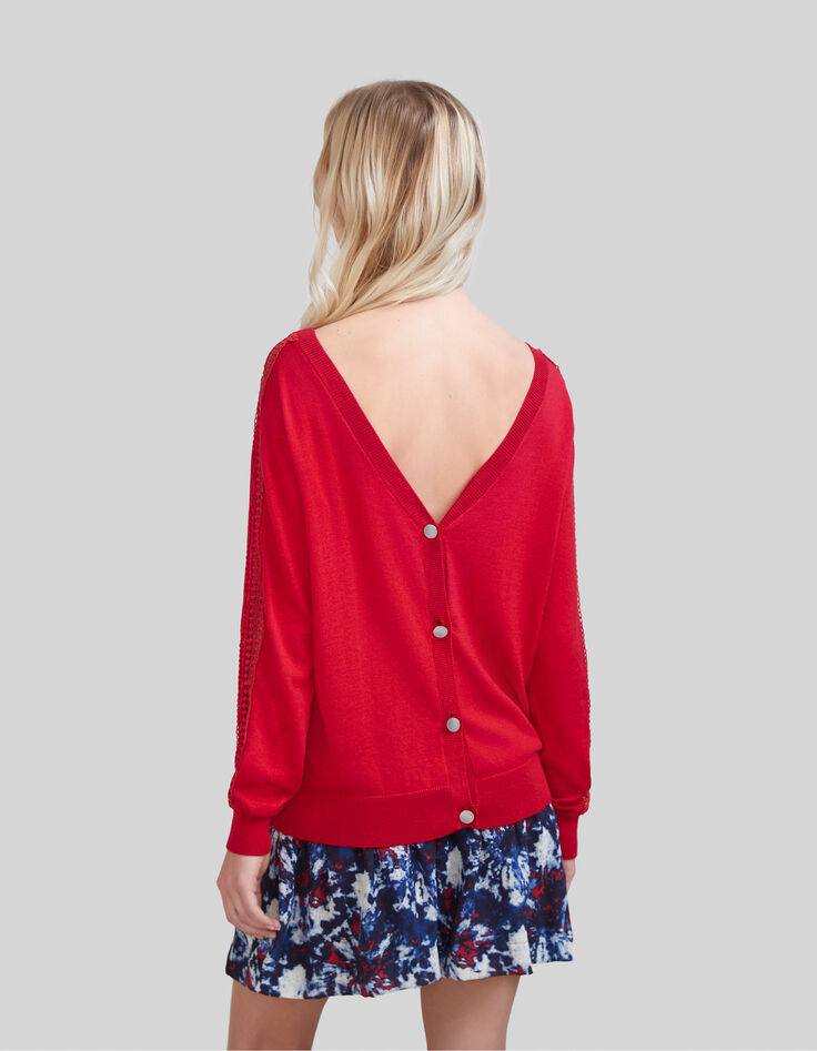 Women’s red knit cardigan with guipure lace sleeves-2