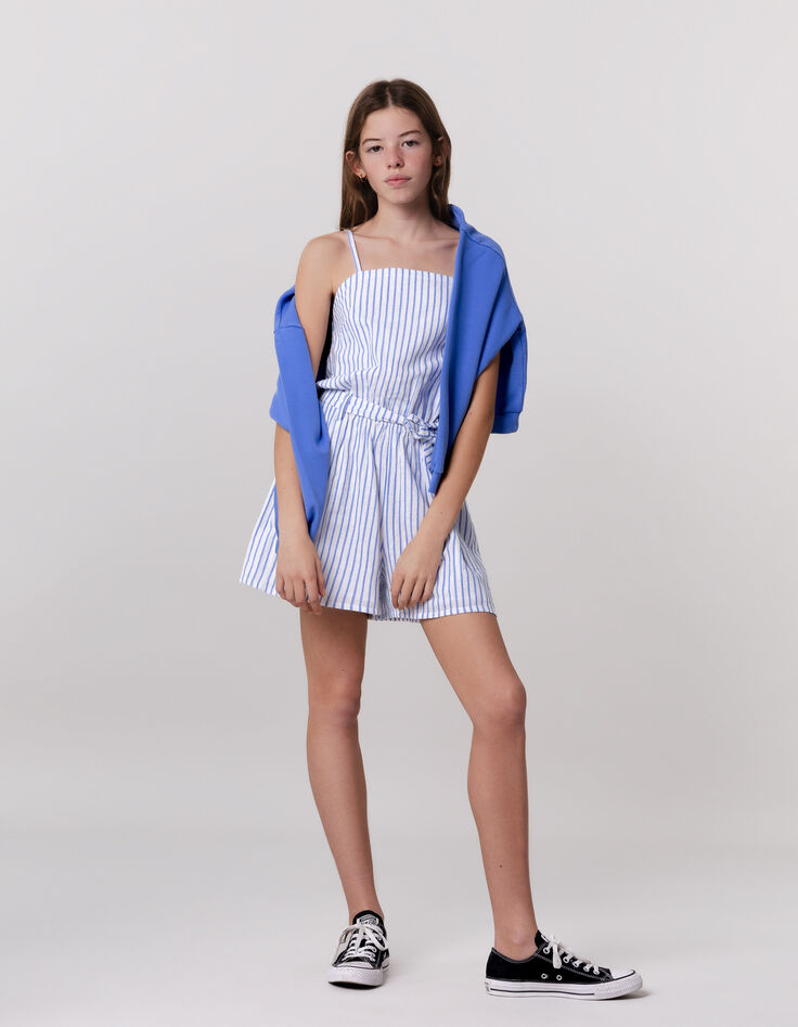 Blue stripes belted jumpsuit for girl-1
