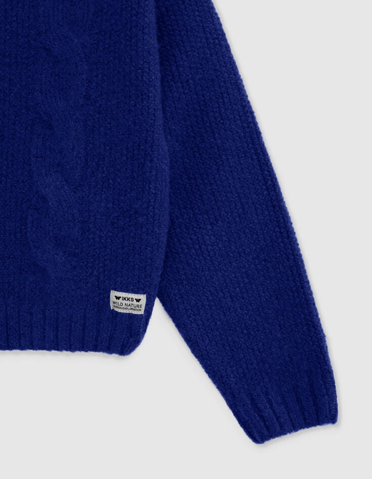 Pull bleu col roulé tricot à torsades fille-4