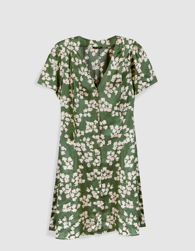 Robe courte vert satin&eacute; imprim&eacute; feuilles Femme - IKKS