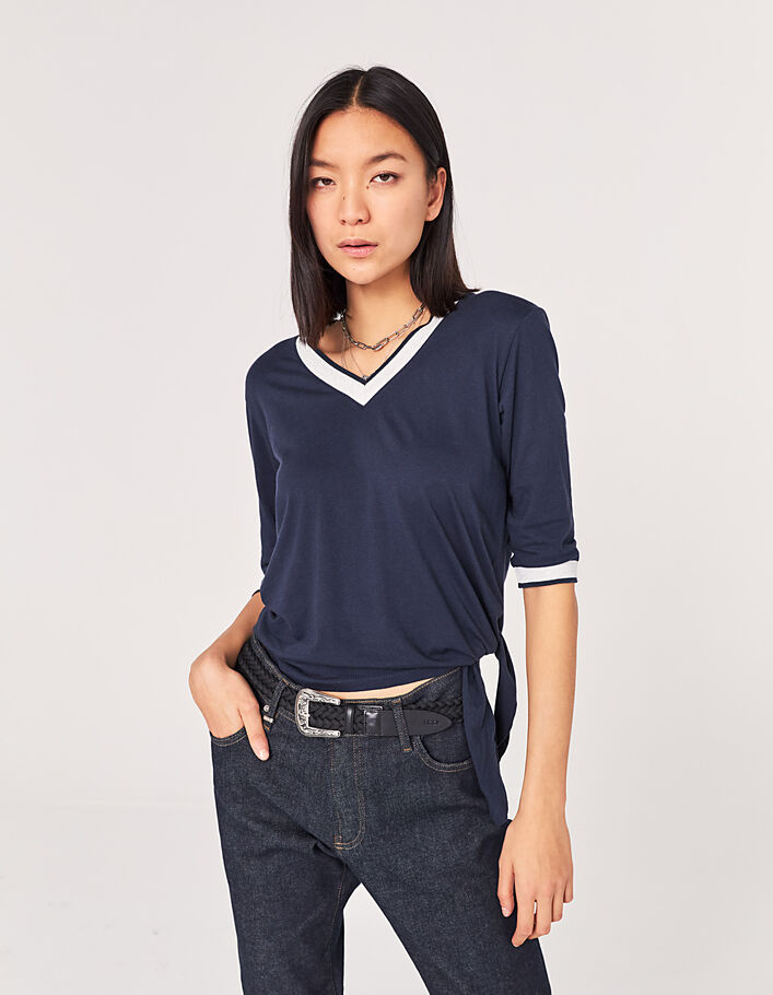 Tee-shirt en coton bleu marine bord-côte métalisé femme - IKKS