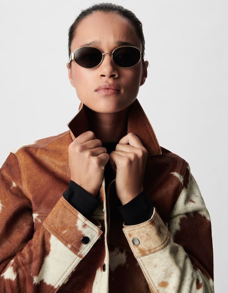 Veste courte en cuir marron motif vache Femme-5