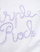 Weißes Damen-T-Shirt mit Message und Ziernieten in Lila-5