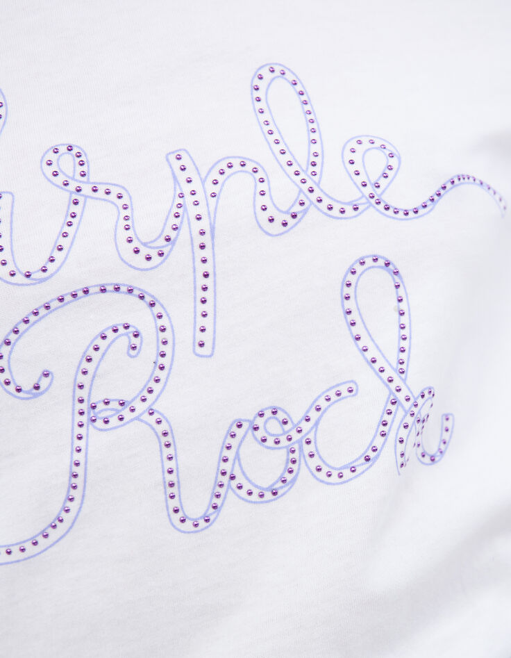 Weißes Damen-T-Shirt mit Message und Ziernieten in Lila-5