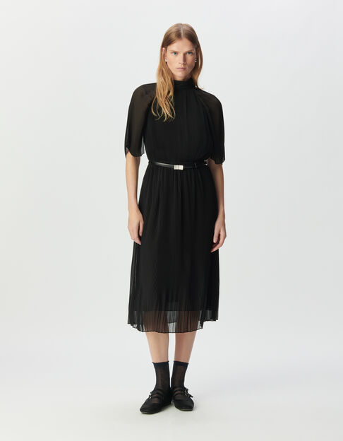 Vestido negro gasa plisada largo midi mujer - IKKS