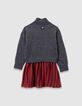Vestido bimaterial jersey gris rayas rojas niña-5