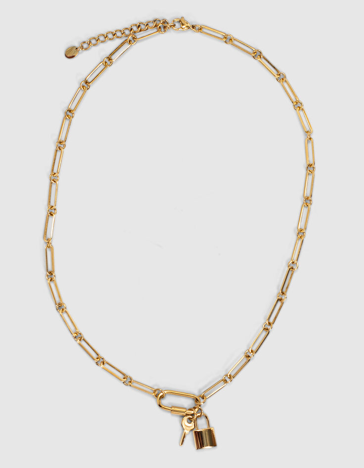 Collier grosse maille doré mousqueton et charms femme-2